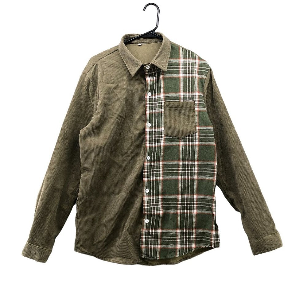 SHEIN Olive Green Corduroy & Plaid Button-Down Shirt